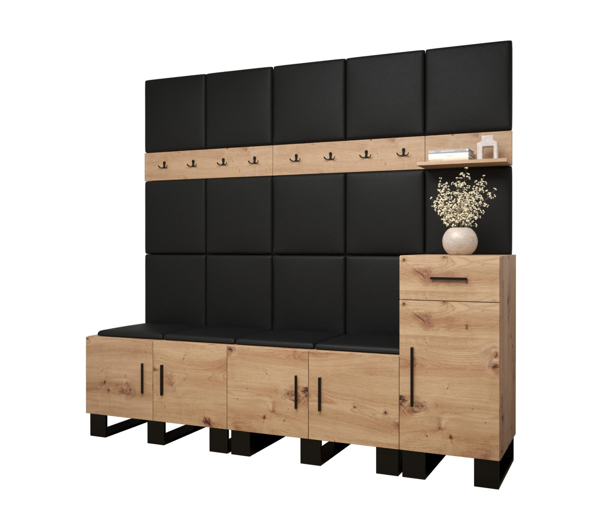 Abiks Möbel Garderoben-Set Eiche Artisan, Schwarz 210x196x45.6 cm