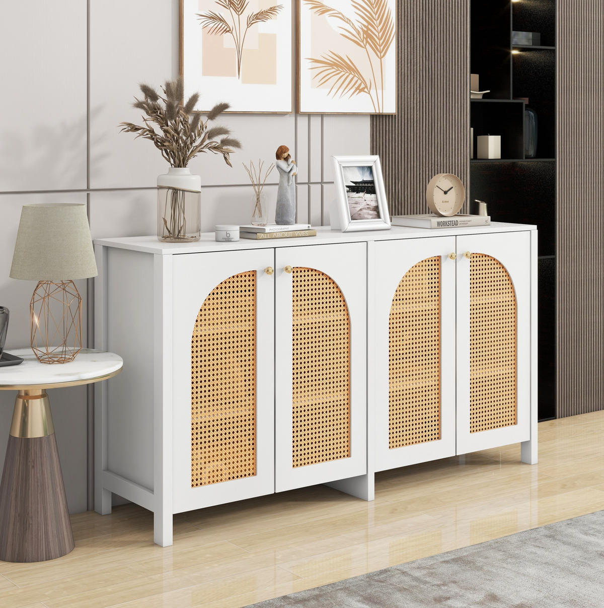 SIDEBOARD aus MDF 145x80x40 cm Weiß mit 4 Türen, Kunst-Rattan und verstellbarem Einlegeboden - Weiß, Holzwerkstoff (145/40/80cm) - Modfu