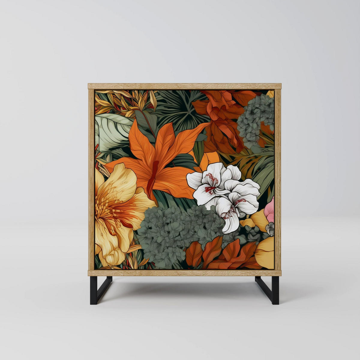 SIDEBOARD RADIANT FLORA, Eichefarben, 57,5x42x67,5 cm, Schwarze Metall-Rahmenfüße - Eichefarben/Multicolor, Holzwerkstoff/Metall (57.5/67.5/42cm) - SpaceRebels