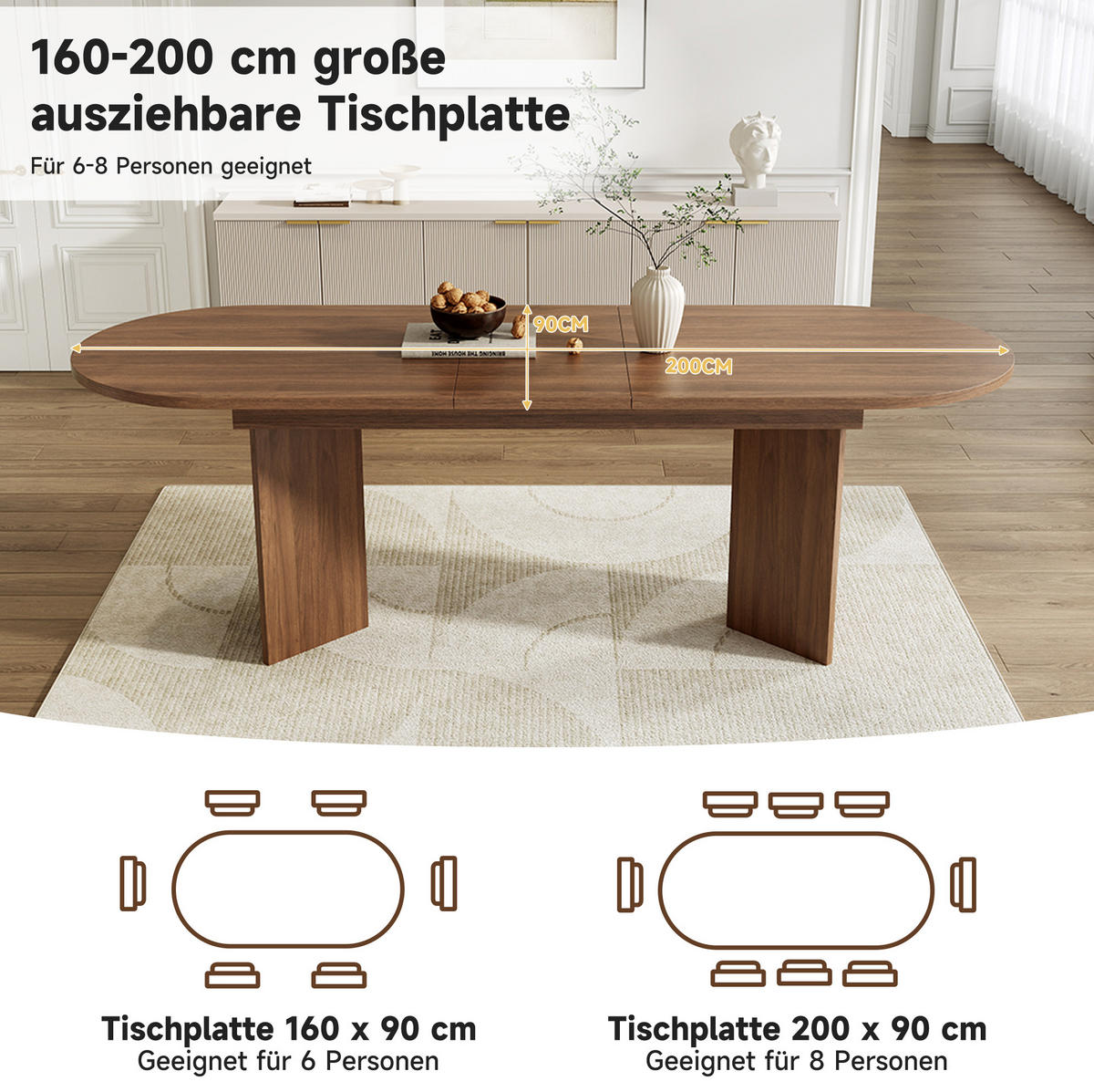 ESSTISCH 160/200 x 90 cm ausziehbar mit abgerundeten Ecken, 18 mm MDF-Tischplatte, Nussbaum - Walnussfarben, Holzwerkstoff (200/90/75cm) - Redom