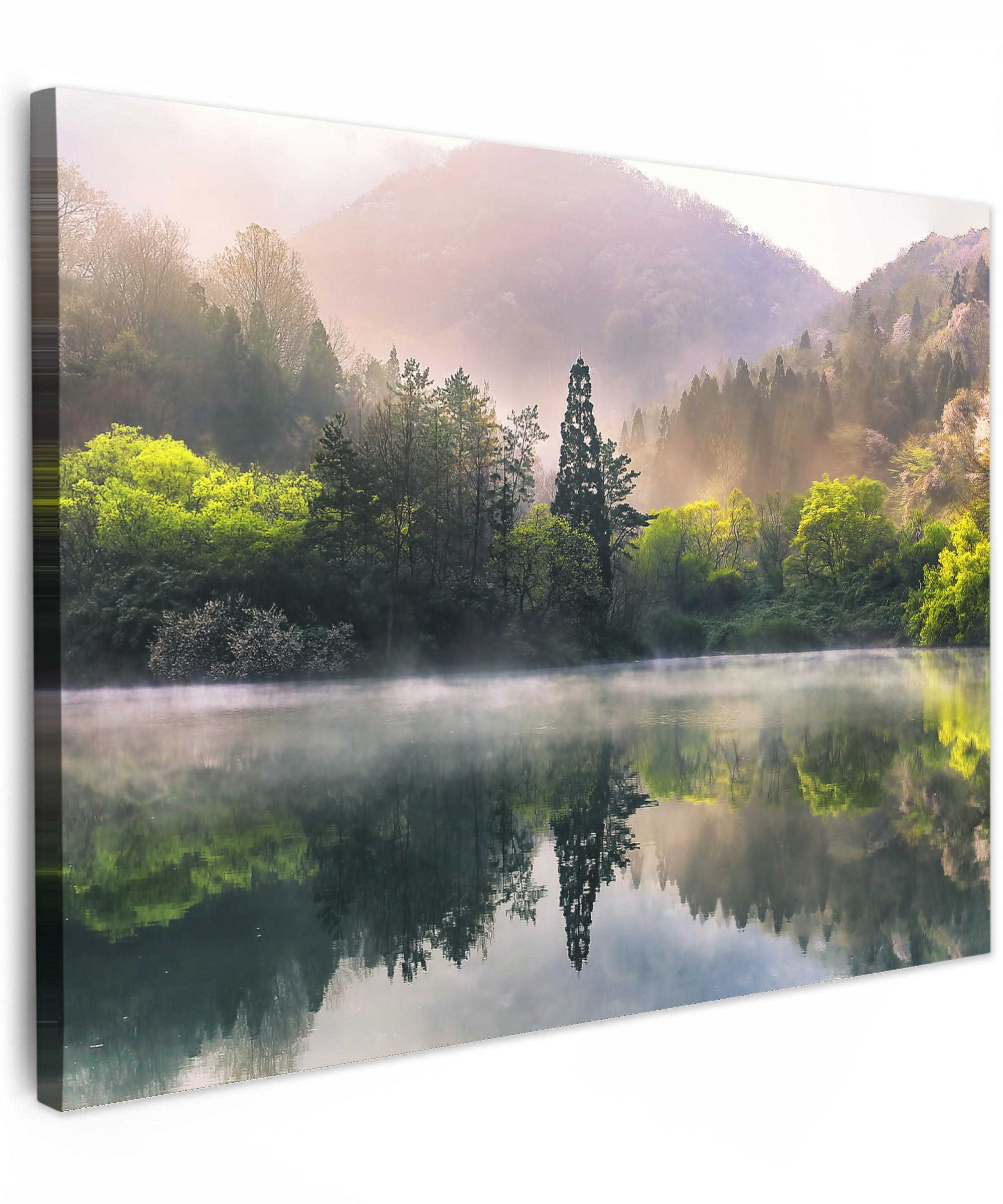 LEINWANDBILD Natur - Bäume - Berge - See - Wasser Wandbilder 80x60 cm - Hellgrün, Textil (80/60cm) - MuchoWow
