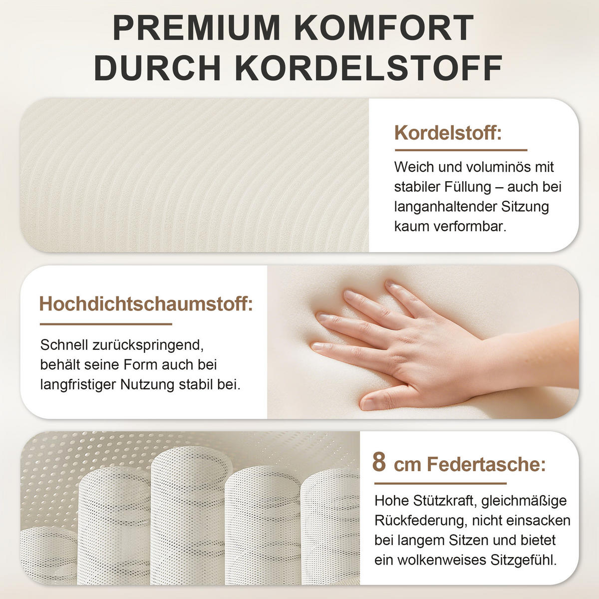 SOFA Beige L-Form Cord Ecksofa Hocker Schaumstoff 282cm - Beige, Textil (40/82/160cm) - FLIEKS