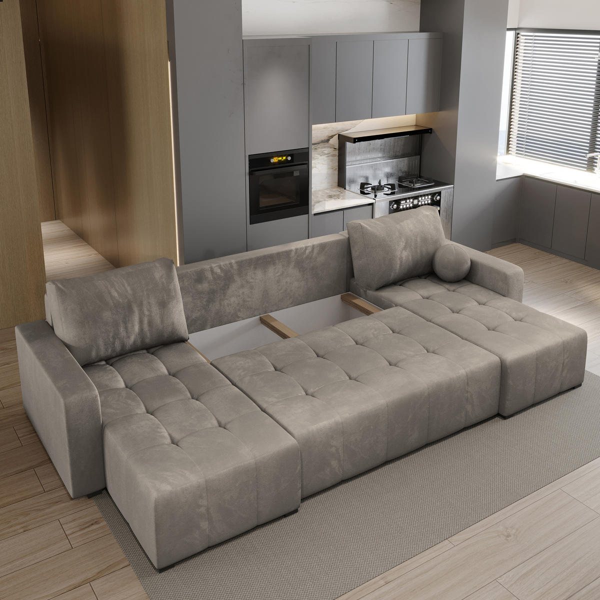 WOHNLANDSCHAFT TOLARI Beige Plüsch-Stoff mit Schlaffunktion - Beige, Holz (295/85/140cm) - MASSENO