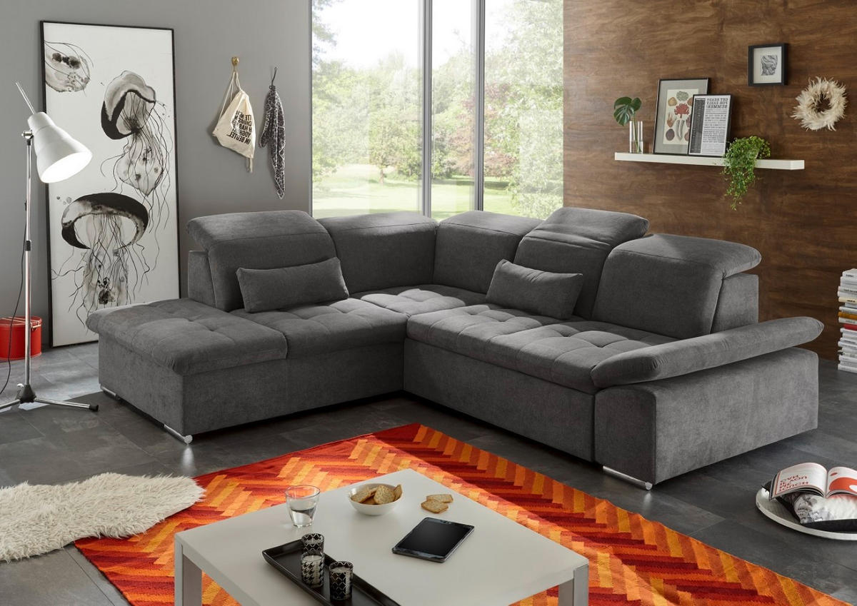 ECKSOFA mit Schlaffunktion mit Bettkasten und verstellbaren Kopf- und Rückenlehnen - Chromfarben/Grau, Textil (276/240cm) - ed exciting design