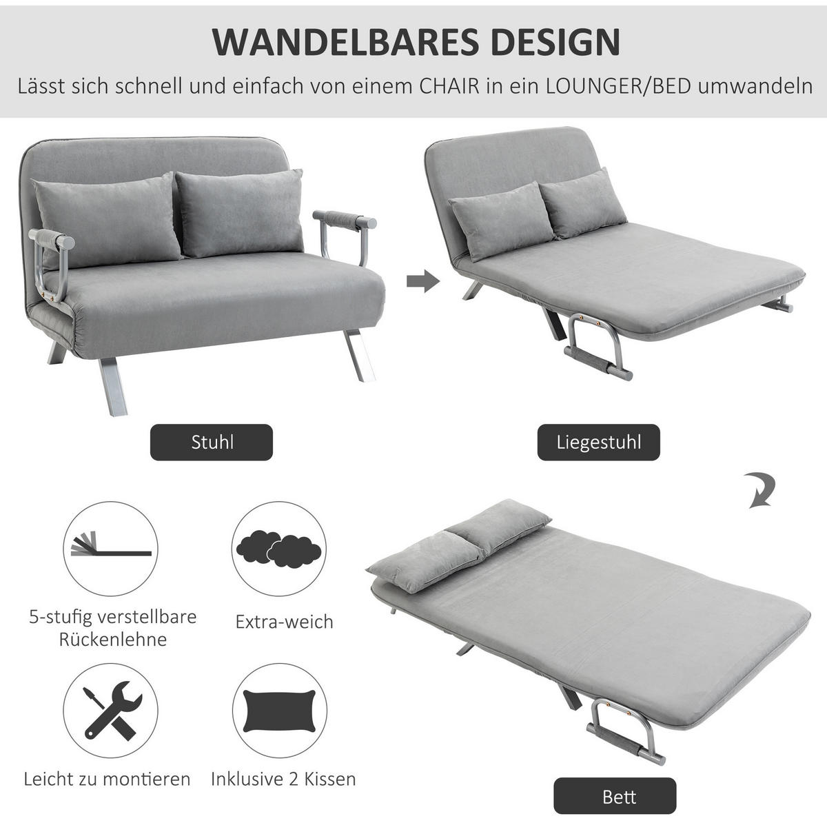 SCHLAFSOFA Zweisitzer Polyester mit verstellbarer Rückenlehne 111/80/78 cm Hellgrau - Hellgrau, Metall (80/78/111cm) - Redom