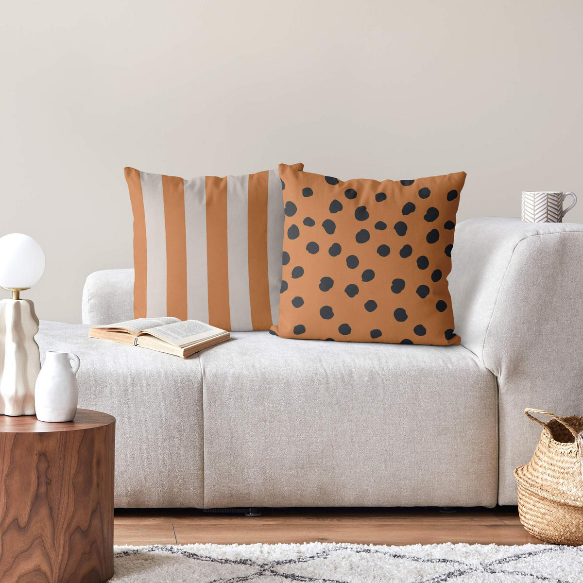 DEKOKISSEN 2er-Set Apricot Punkte und Streifen Duo 40/40 cm - Orange, Textil (40/40cm) - Bilderwelten