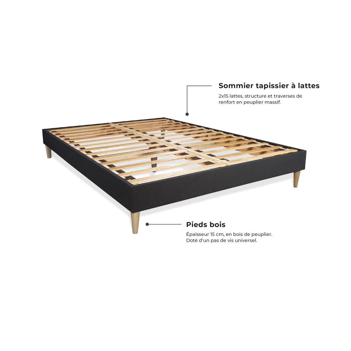 BETT Buckingham Memory-Schaum 140 x 220 cm h1 - Kit Bettgestell Schwarz - Beige/Schwarz, Karton/Holz (140/220cm) - ROYAL PALACE BEDDING