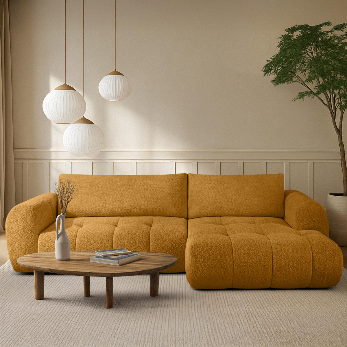 ECKSOFA RECHTS LIRA, Honigfarben, Bouclé - Honig, Holz/Holzwerkstoff (295/112cm) - KONSIMO®