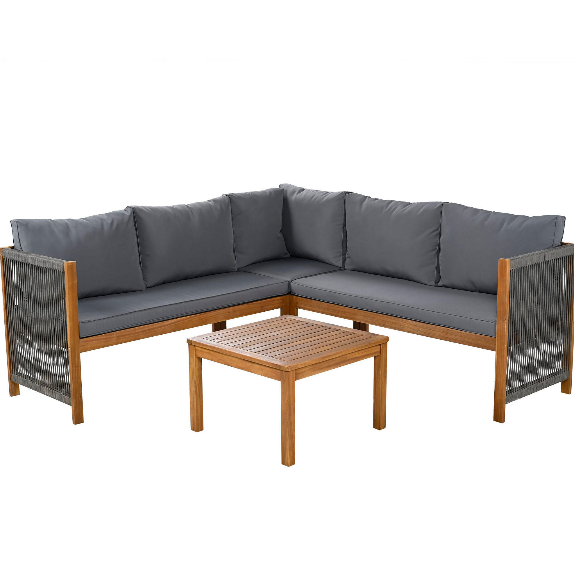 GARTENSET 187x187x71cm grau aus Massivholz, handgewebt - Grau, Textil - Modfu