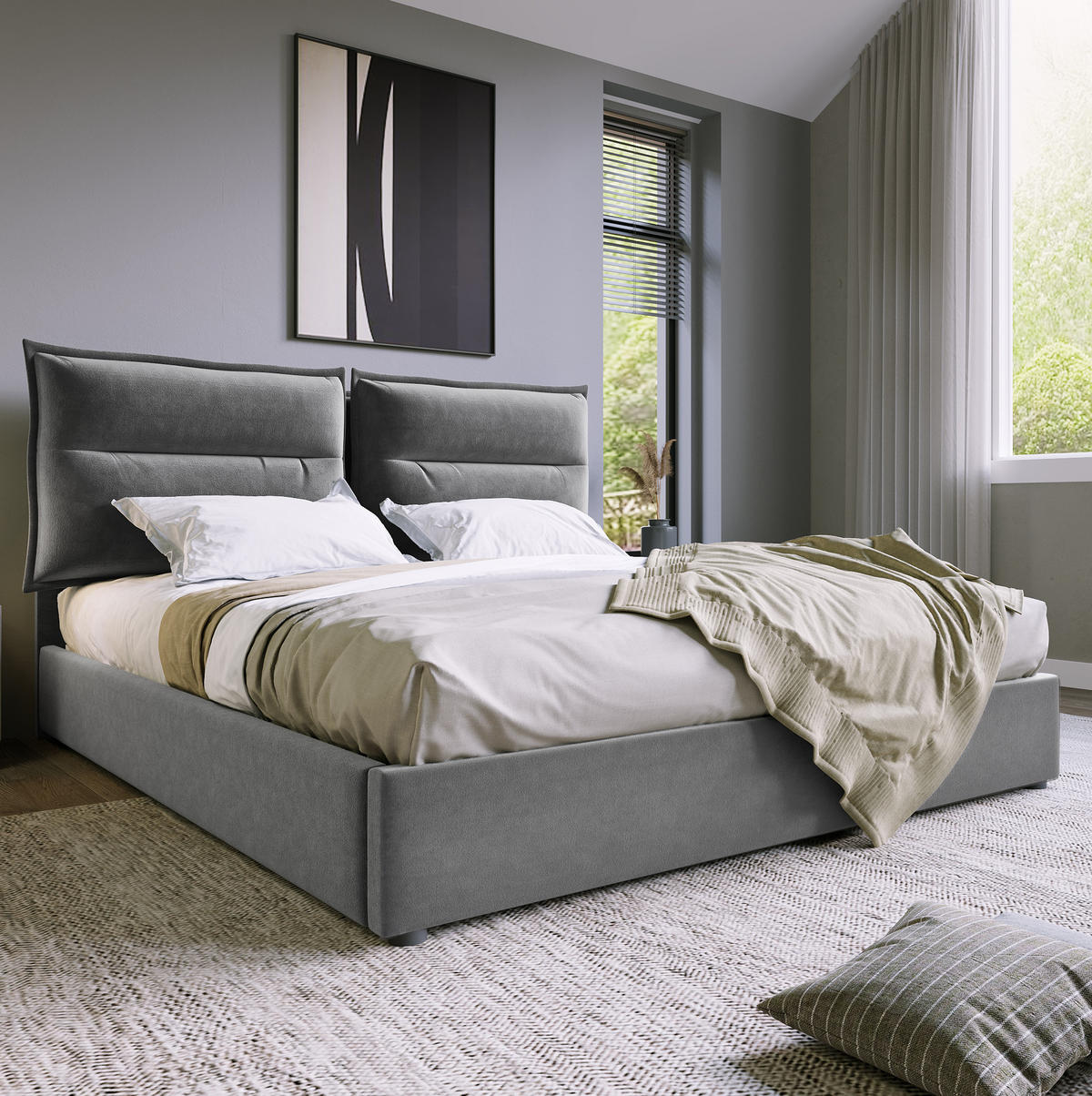 BETT mit Bettkasten und verstellbarem Kopfteil 140x200 cm Samt Grau - Grau, Metall (140/200cm) - Meubliv