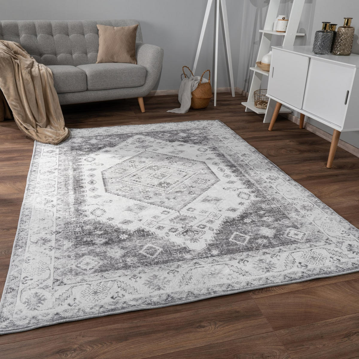 KURZFLORTEPPICH Waschbar, im Vintage-Stil, aus Polyester, Grau, 120 x 160 cm - Grau, Textil (160/120cm) - KADIMA DESIGN