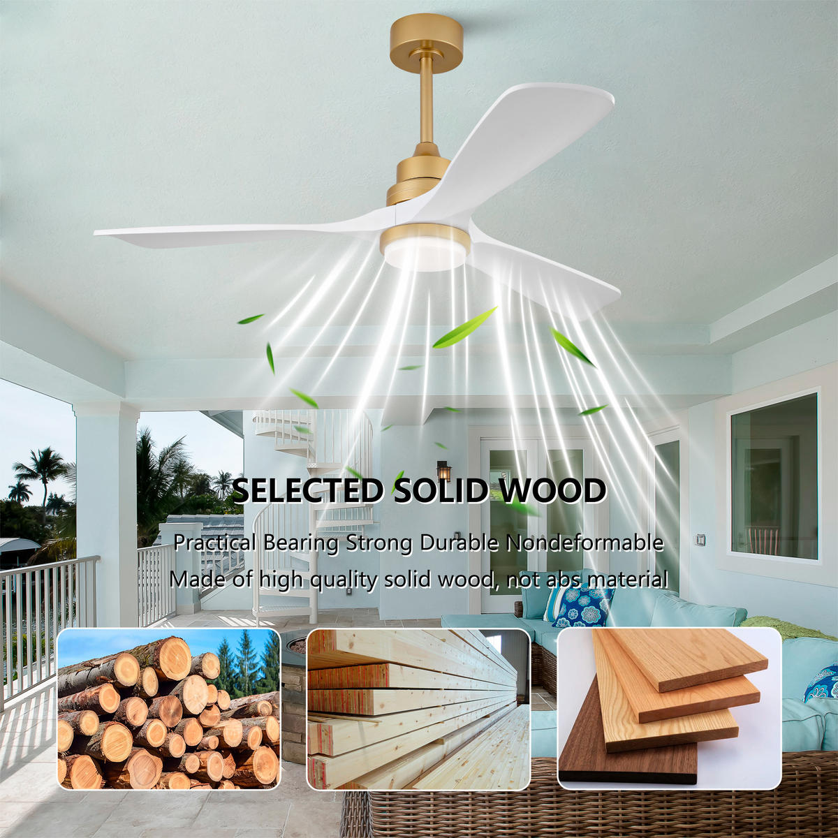 DECKENVENTILATOR DE-16253 52 Zoll mit Massivholzflügeln & Fernbedienung Weiß-Gold - Weiß, Holz/Metall (132/132/40cm) - ComfortXL