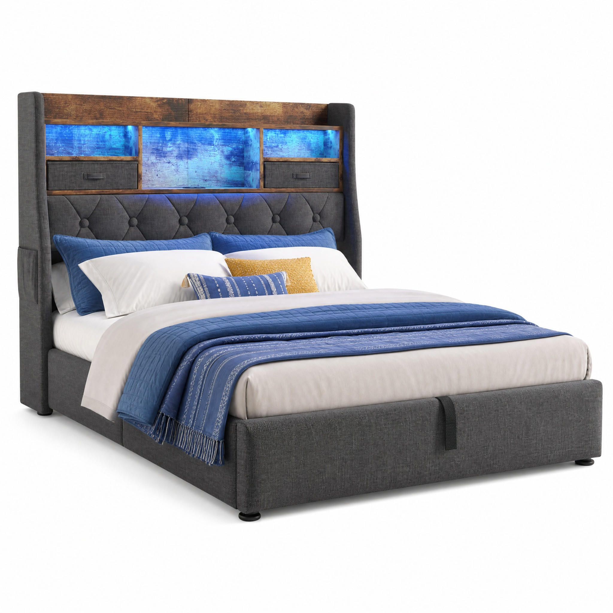POLSTERBETT 160/200 cm in Grau mit Bettkasten, LED, USB und Type-C Leinen Retro-Design - Grau, Holzwerkstoff/Textil (160/200cm) - STILVORA