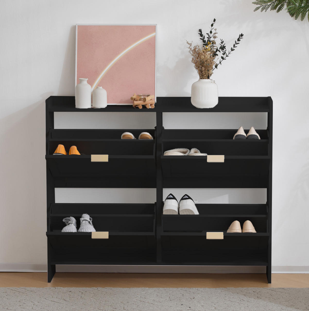 SCHUHSCHRANK aus Spanplatte 110x24x90cm in Schwarz mit 4 Klappfächern - Schwarz, Holzwerkstoff (110/90/24cm) - Modfu