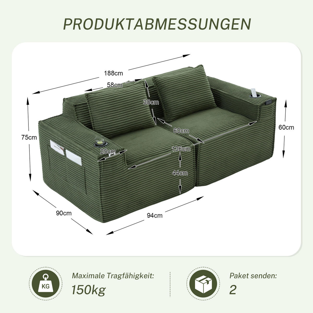 2-SITZER-SOFA DE-33835 modular mit Getränkehaltern Grün - Grün, Textil (188/75/90cm) - ComfortXL