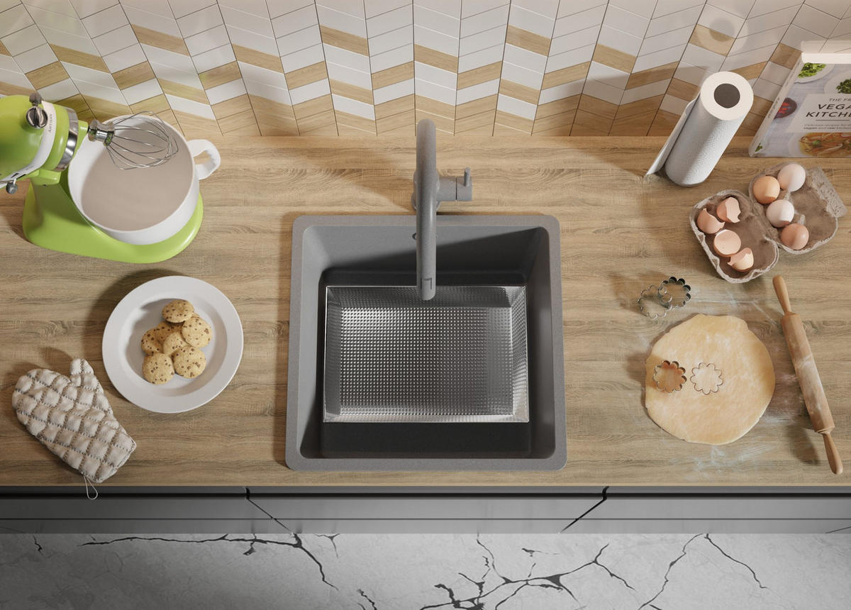 SPÜLBECKEN Venedig Slim Easy, 2-er set Grau 46/44 cm 1 Becken + Ablauf-Set ab 50er Unterschrank - Chromfarben/Grau, Kunststoff (46/20/44cm) - Primagran