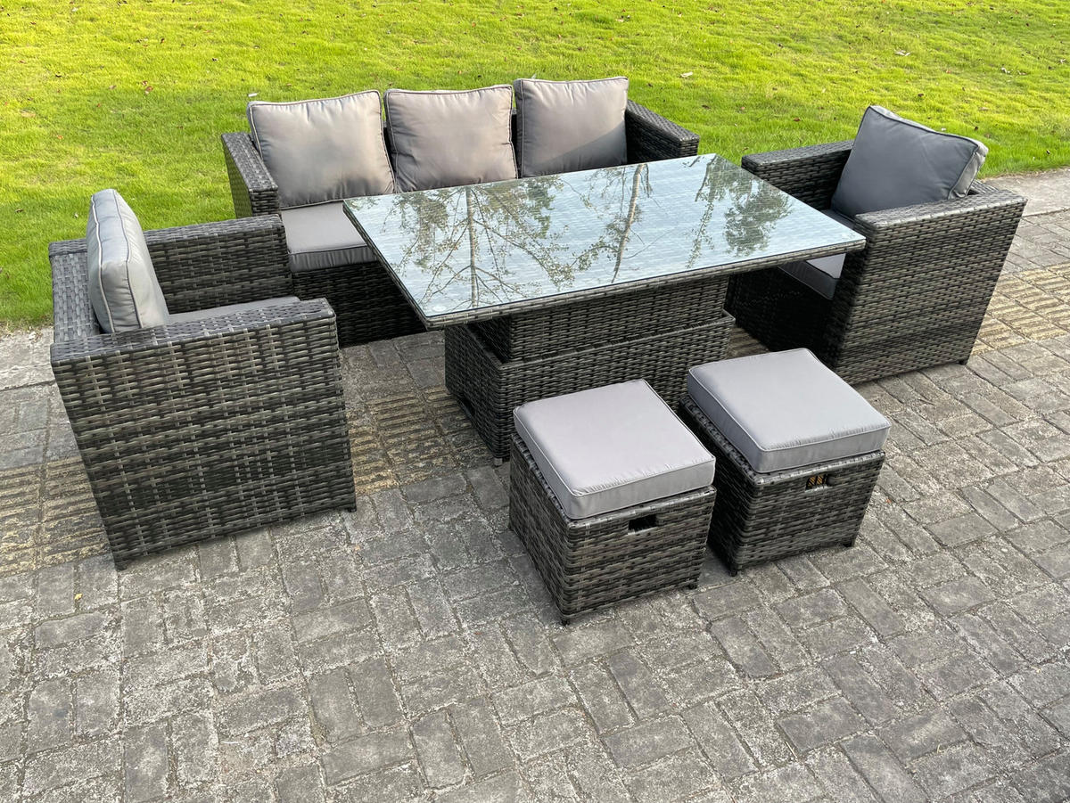 GARTENTISCHGRUPPE Polyrattan 7-Sitzer - Dunkelgrau/Grau, Glas/Kunststoff - Fimous