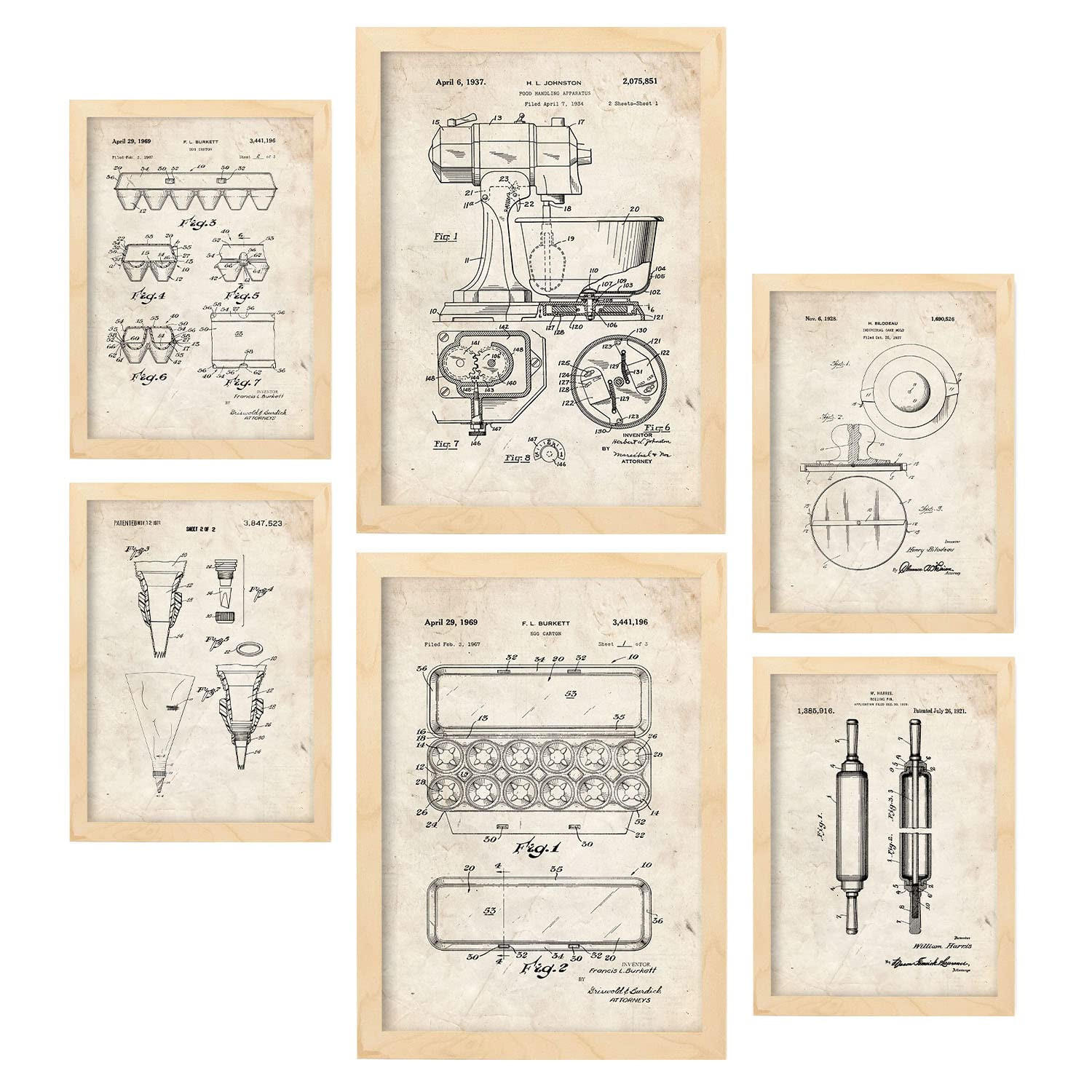 POSTER Set Mit 6 Mit Küchengeräte Patenten Im Vintage Stil A3 & A4 Rahmen Aus Hellem Holz - Beige, Papier (29/3cm) - Nacnic