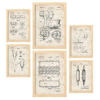 POSTER Set Mit 6 Mit Küchengeräte Patenten Im Vintage Stil A3 & A4 Rahmen Aus Hellem Holz - Beige, Papier (29/3cm) - Nacnic