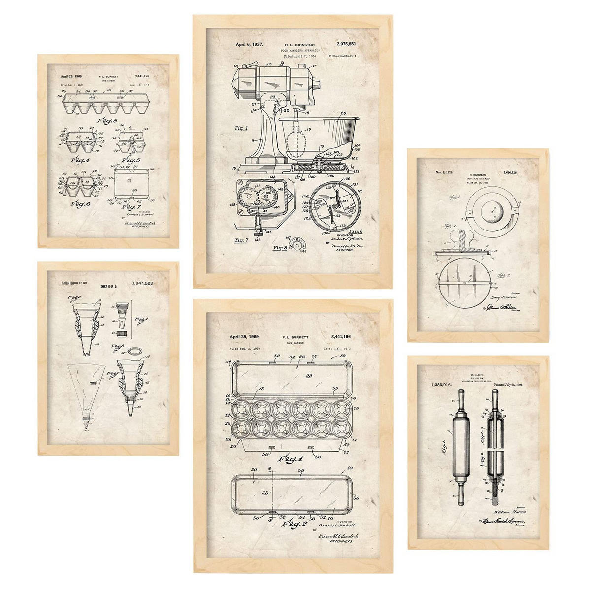 POSTER Set Mit 6 Mit Küchengeräte Patenten Im Vintage Stil A3 & A4 Rahmen Aus Hellem Holz - Beige, Papier (29/3cm) - Nacnic