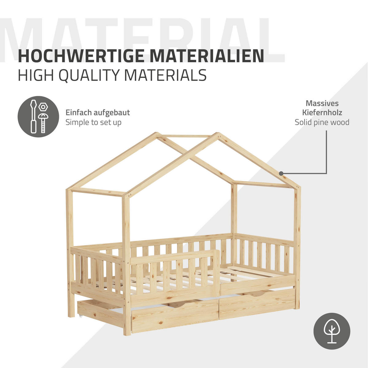 HAUSBETT 80x160 cm Natur aus Kiefernholz mit 2 Schubladen und Rausfallschutz - Beige, Holz (80/160cm) - ML-DESIGN