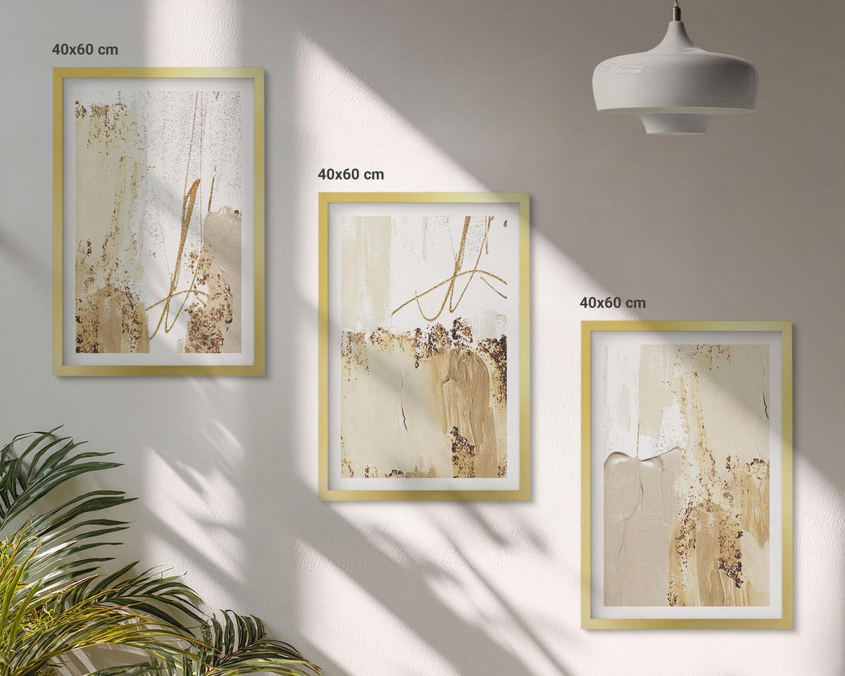 BILDER SET 3er Set - 40x60 cm Goldrahmen - Abstrakte Muster beige weiß - Goldfarben, Kunststoff (40/60cm) - TULUP