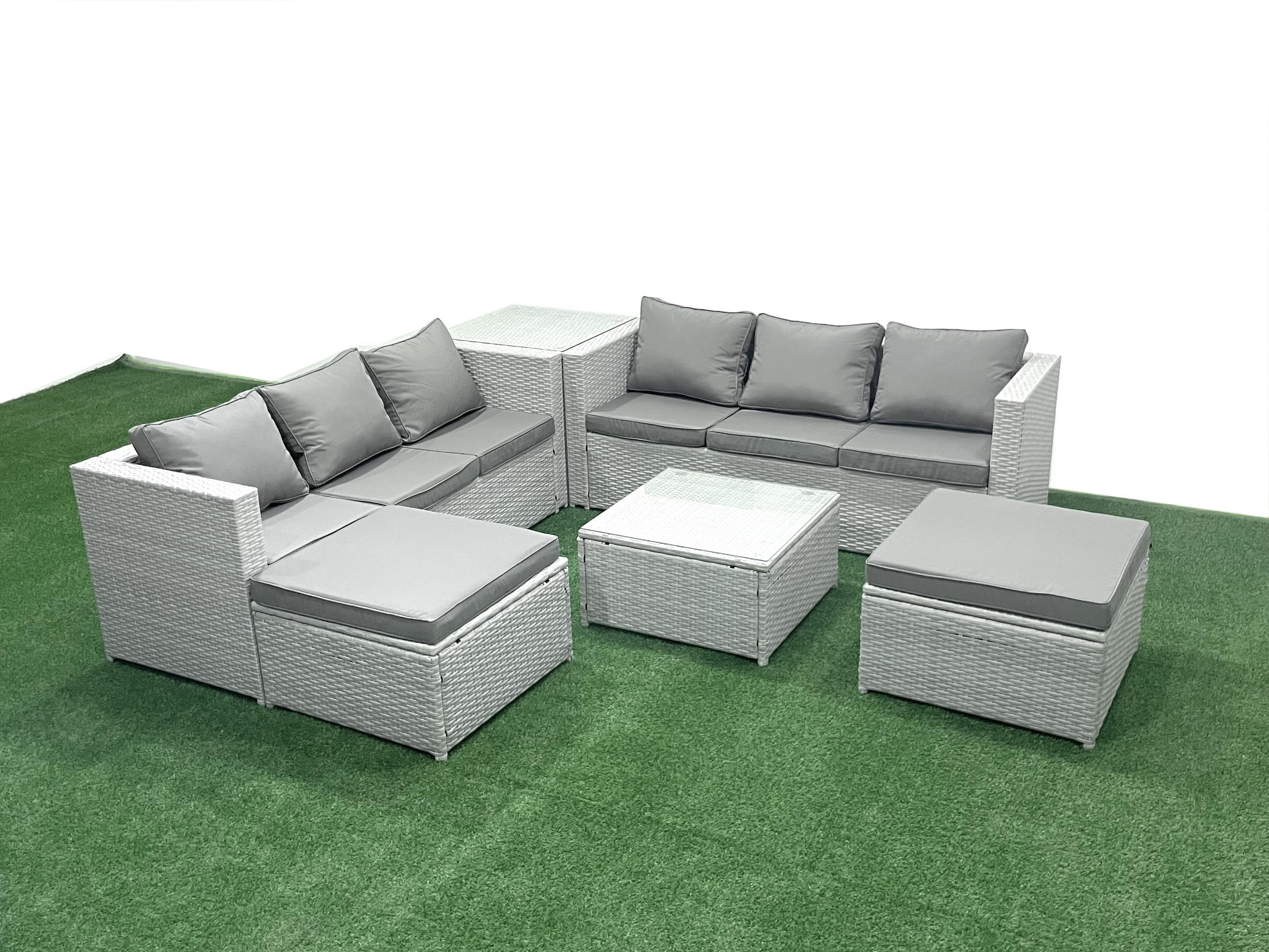GARTENMÖBEL-SET mit Kissen Polyrattan Hellgrau-Mix 8-Sitzer - Hellgrau/Grau, Glas/Kunststoff - Fimous