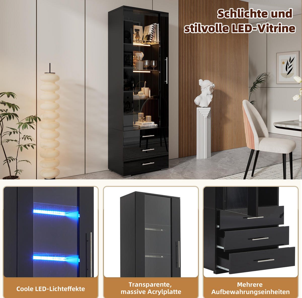 VITRINE aus MDF 60x35x180 cm Schwarz mit LED-Beleuchtung, Hochglanzfront und 3 Schubladen - Schwarz, Holzwerkstoff (60/180/35cm) - IVMEU