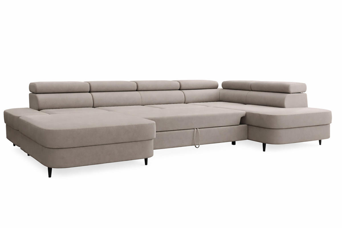 ECKSOFA U-form PRIAM U mit Schlaffunktion, Bettkasten & Easy-Clean-Stoff - Beige/Schwarz, Holz/Textil (203/91/350cm) - Muffo