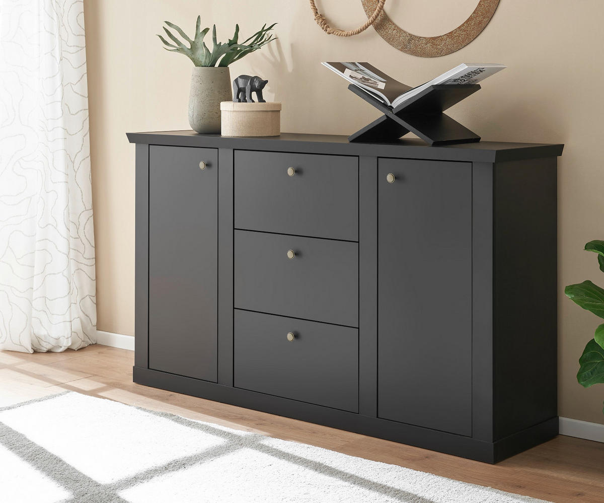 SIDEBOARD schwarz matt, Eiche Landhaus 158 cm, Kommode mit Soft-Close - Eichefarben/Messingfarben, Holzwerkstoff/Metall (158/92/42cm) - Furn.Design