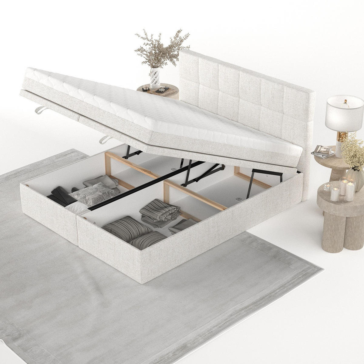 BOXBETT Elano 200/200 cm Creme im Neve Stoff - Creme/Schwarz, Holz/Holzwerkstoff (200/200cm) - AltaBeds