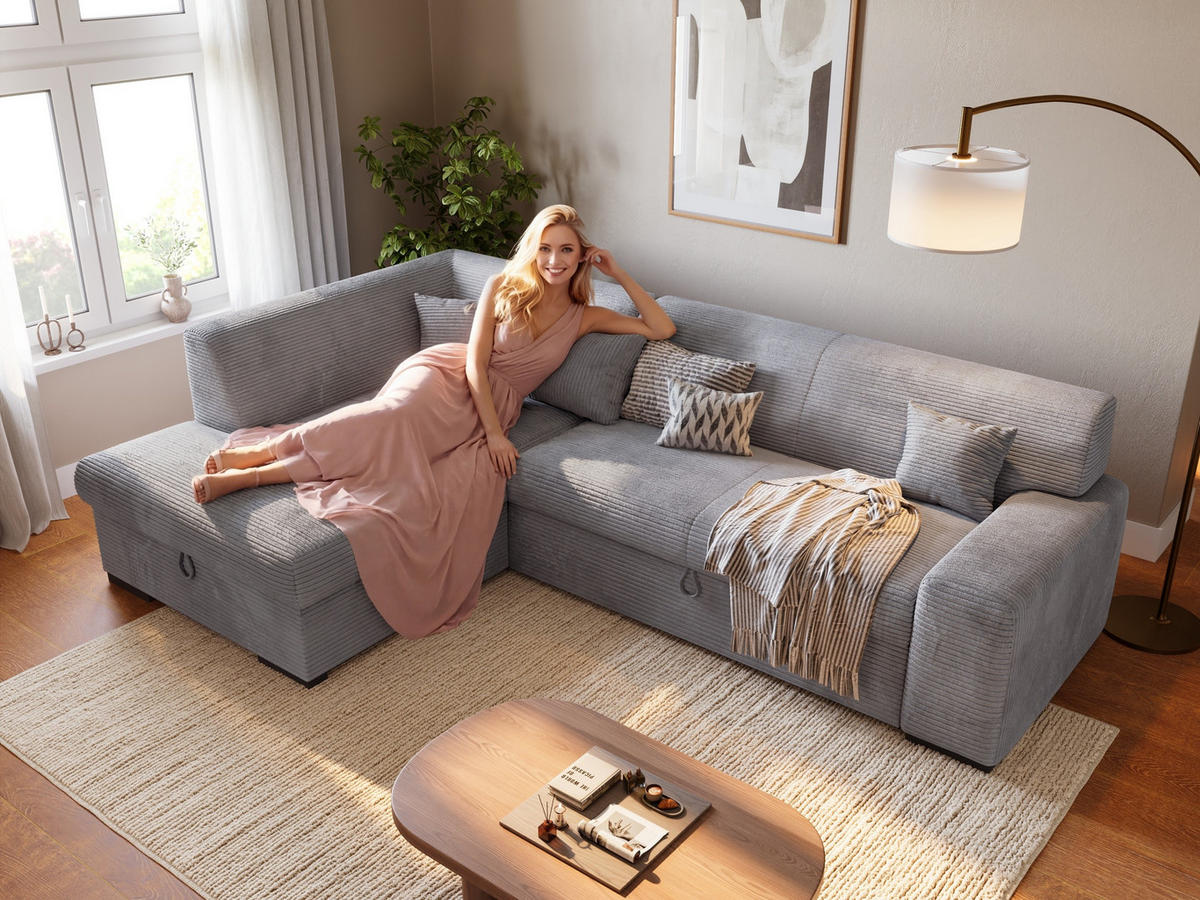 ECKSOFA mit Schlaffunktion Cordstoff MILENZO Hellgrau Links - Hellgrau, Holz (260/175cm) - Bromarkt