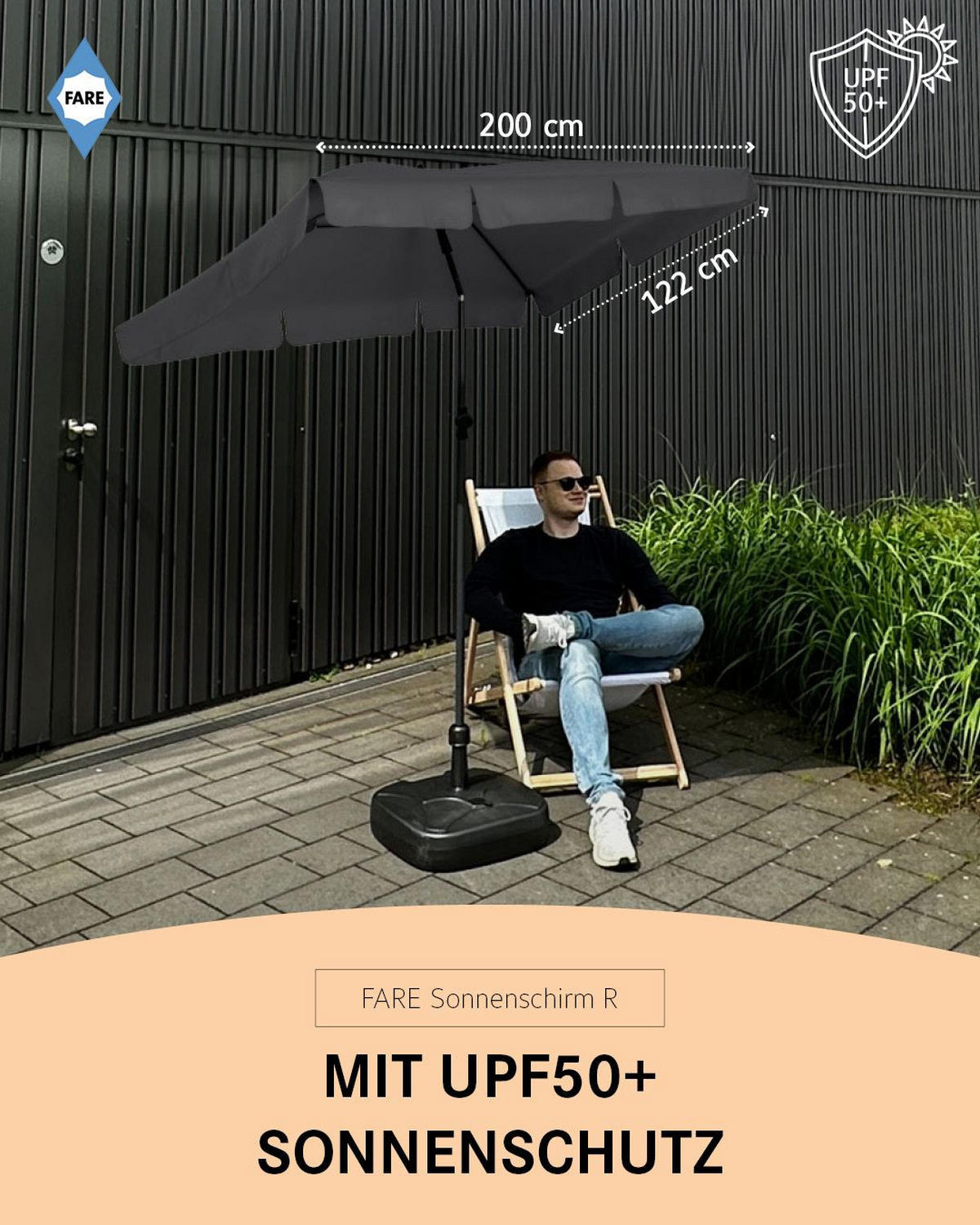 SONNENSCHIRM 122/200/126 cm - Grau, Kunststoff (200/122cm) - FARE