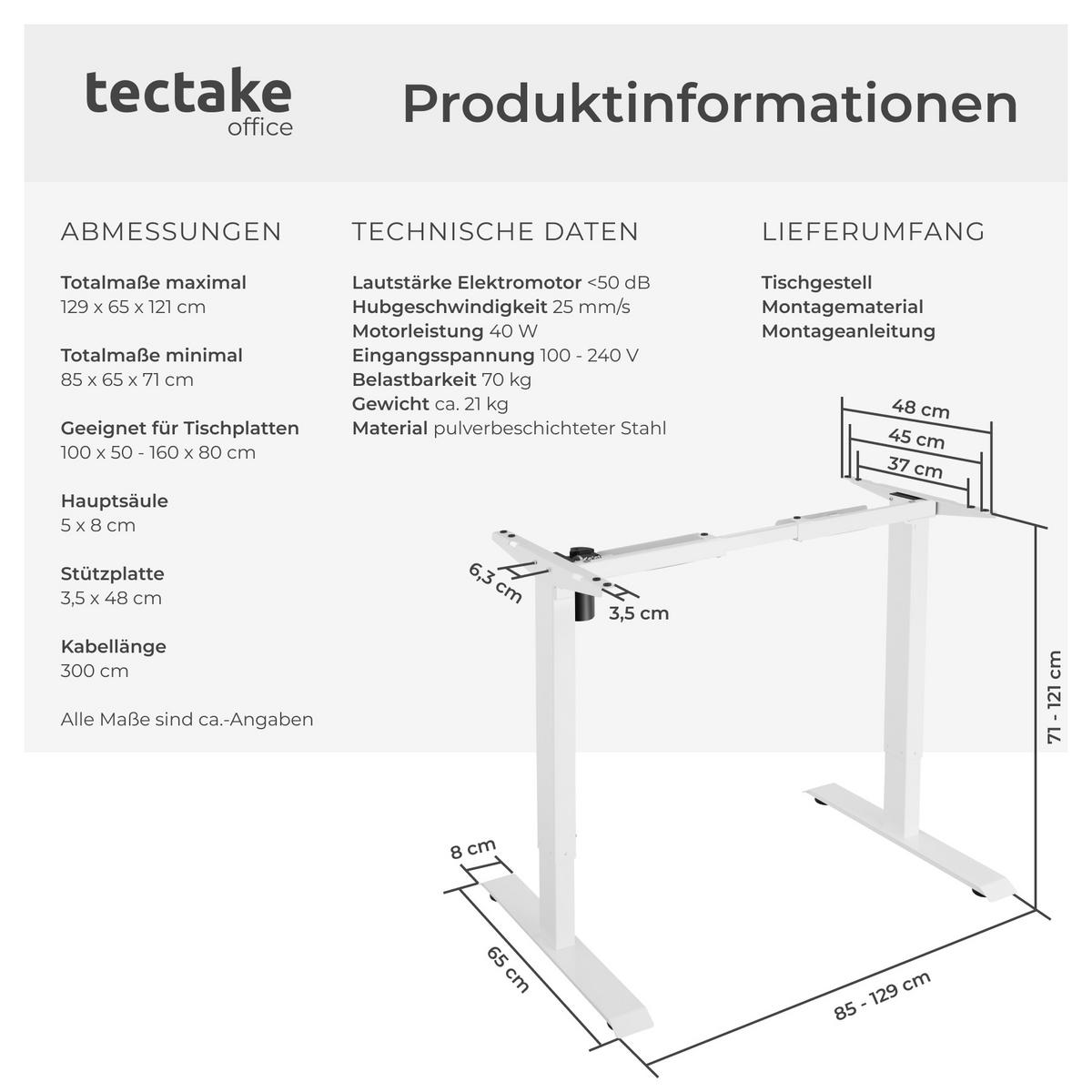 TISCHGESTELL Piotr,85 - 129 x 65 x 71 - 121 cm,weiß - Weiß, Metall (129/65/121cm) - tectake