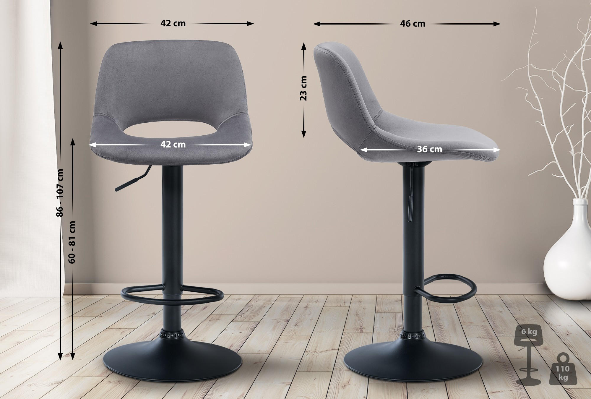 BARHOCKER JAKSON Dunkelgrau Samt Schwarz - Dunkelgrau, Textil/Metall (42/86/46cm) - DELUKE