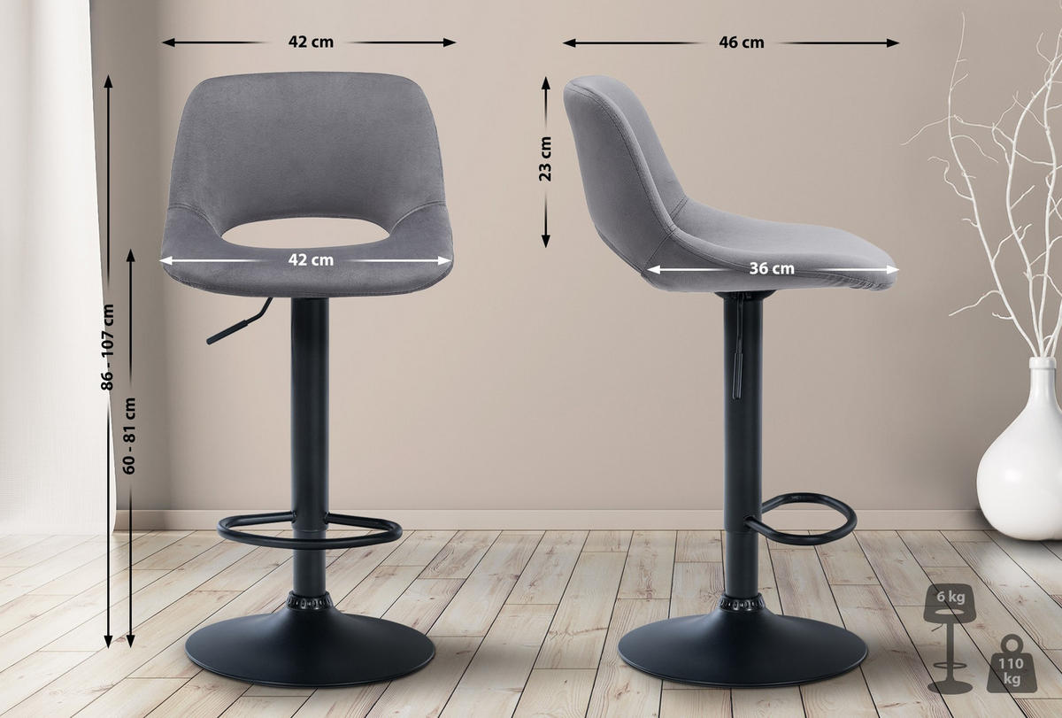 BARHOCKER 2er Set Samt dunkelgrau - Dunkelgrau/Schwarz, Textil/Metall (42/86/46cm) - CLP