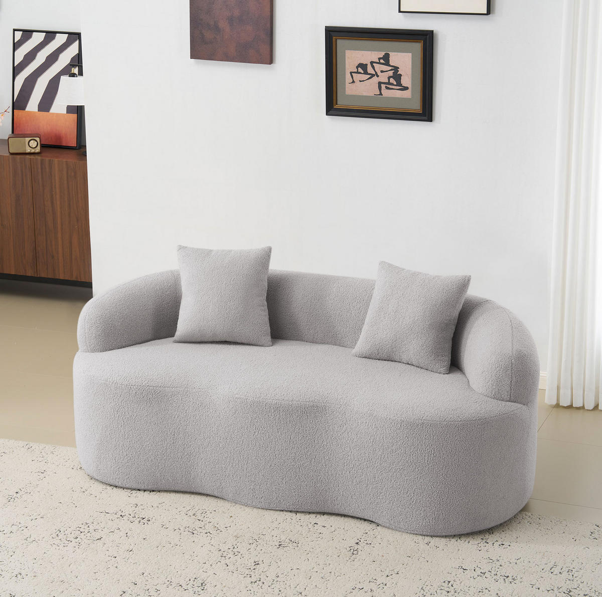 2-SITZER-SOFA aus Schaumstoff und Federkern Hellgrau mit Wellendesign und integrierten Kissen - Hellgrau, Kunststoff (170/70/89cm) - Modfu