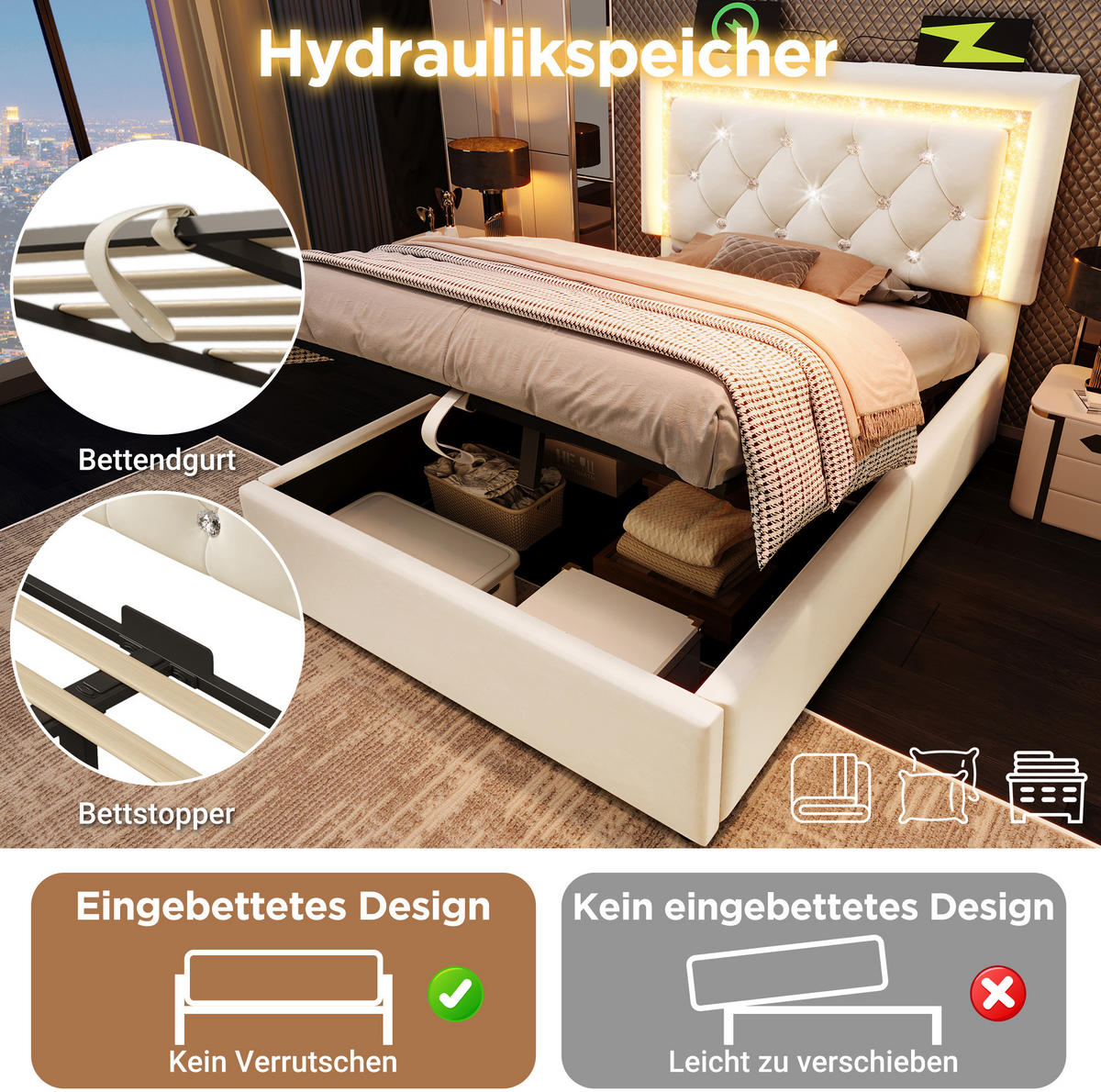 POLSTERBETT 90/200 cm Beige aus Samt mit Bettkasten, LED und Matratze - Beige, Textil (90/200cm) - Flora Grace
