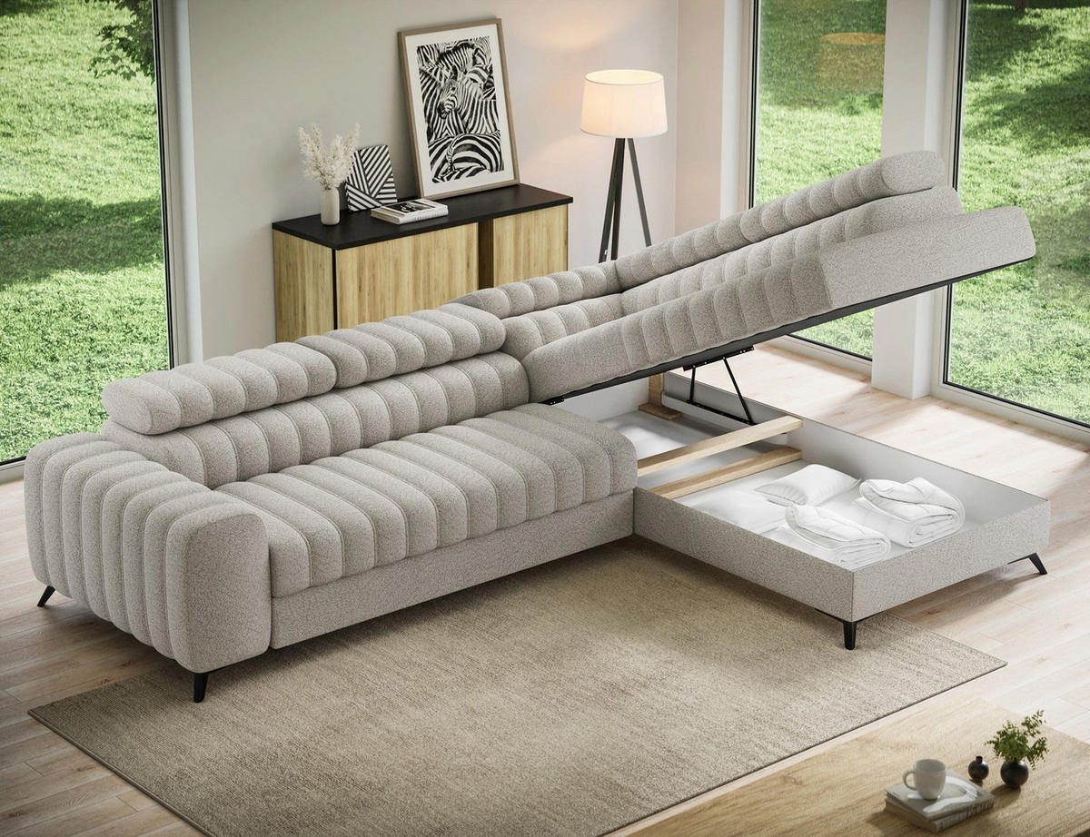 KANEDO Ecksofa mit Schlaffunktion und Bettkasten – Modernes Designsofa, verstellbare Kopfstützen, Metallfüße - Beige, Kunststoff (269/86cm) - Wohnideebilder