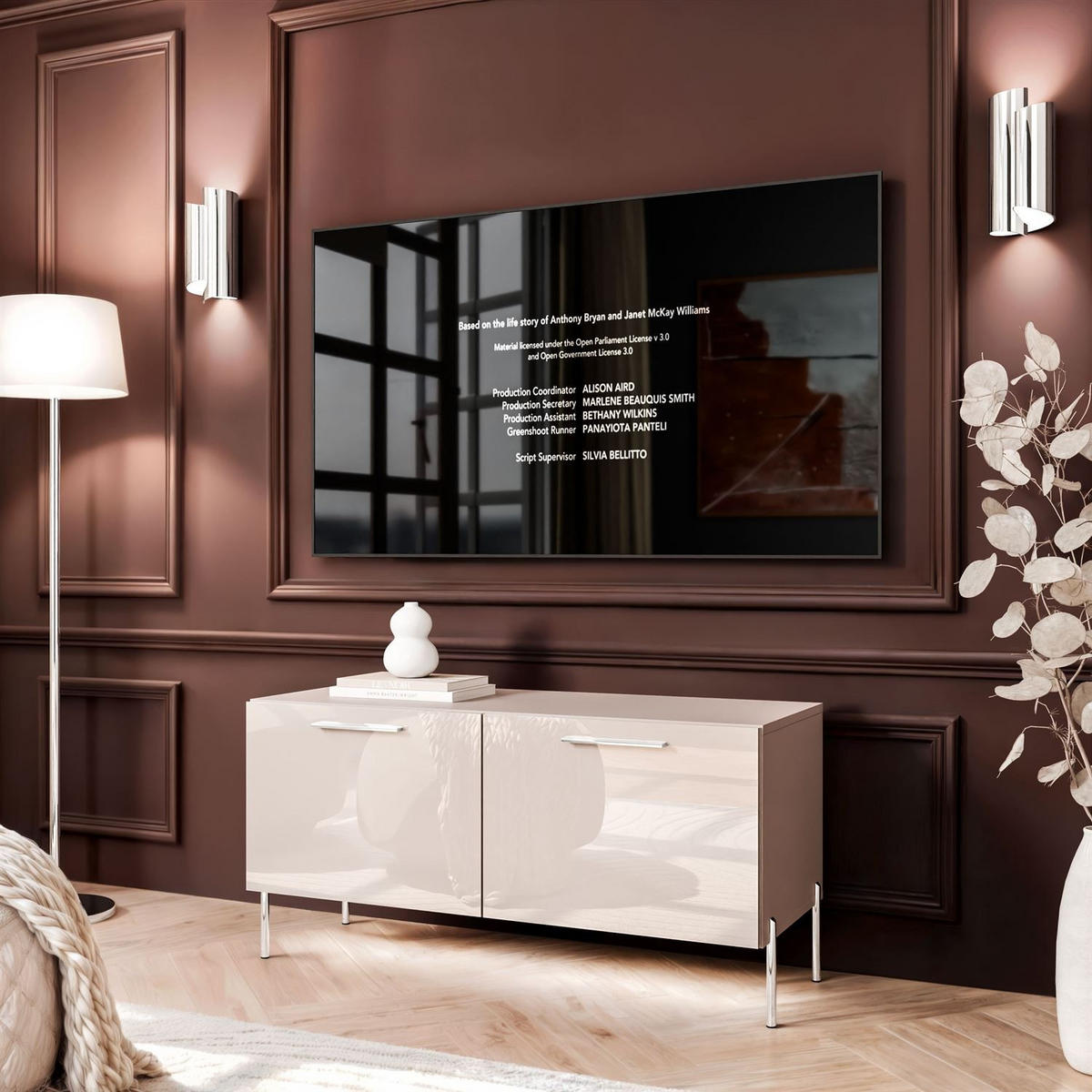 TV-ELEMENT AURA 100 KASCHMIR Hochglanz auf geraden silbernen Beinen + LED - Kaschmir/Silberfarben, Holzwerkstoff (100/50/40cm) - Lookway