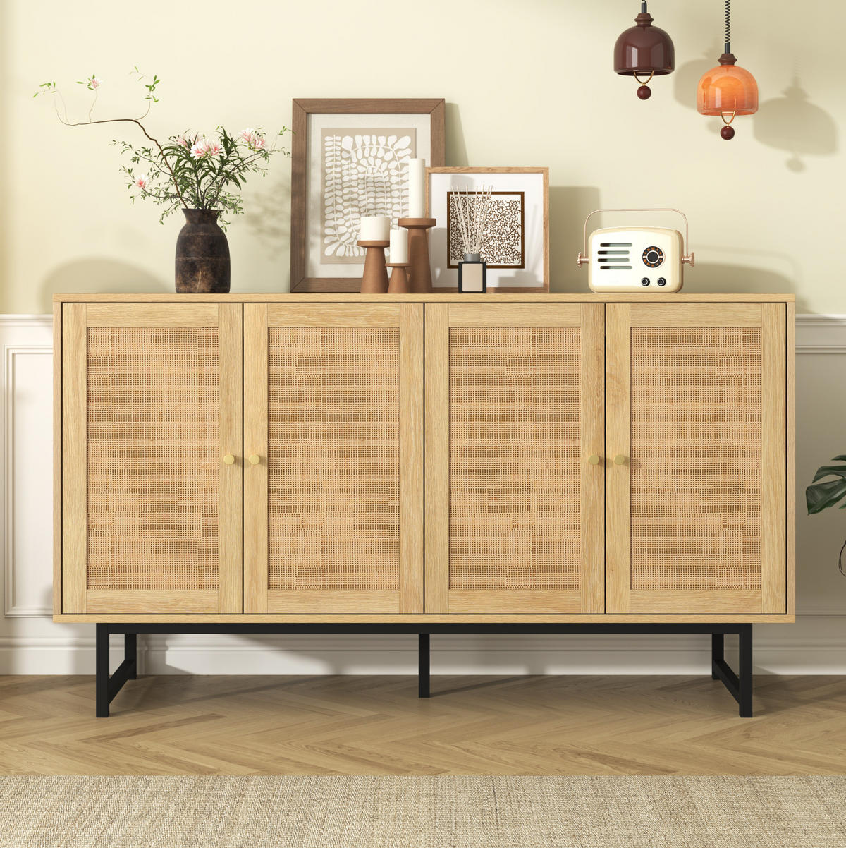 SIDEBOARD mit 4 Türen 140 x 39,5 x 80 cm Holzoptik mit Rattangeflecht - Braun, Holzwerkstoff (140/80/39.5cm) - Meubliv