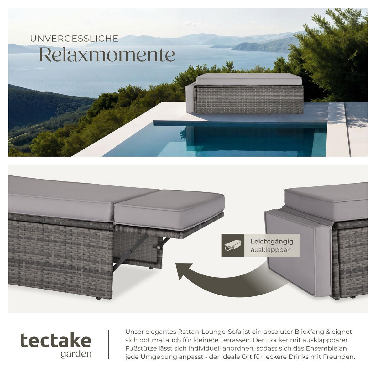 RATTANLOUNGE Korfu mit Sofa & Hocker, UV-beständig, Wasserabweisende Kissen, Grau, Sofa 119 x 64,5 x 71,5 cm - Grau, Kunststoff - tectake