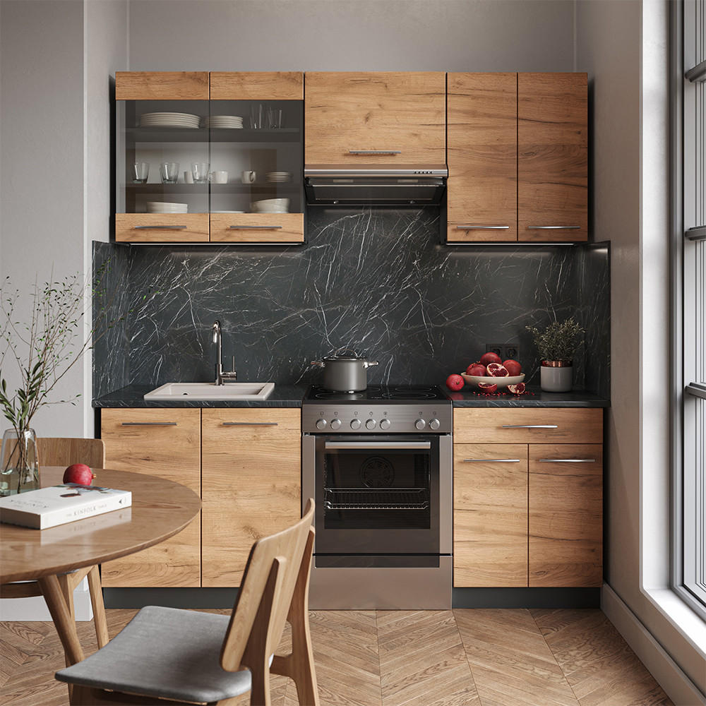 KÜCHENZEILE Fame-Line Goldkraft Eiche/Anthrazit 200 cm, AP Anthrazit - Honigeiche/Anthrazit, Holzwerkstoff (200/81.6/60cm) - Vicco