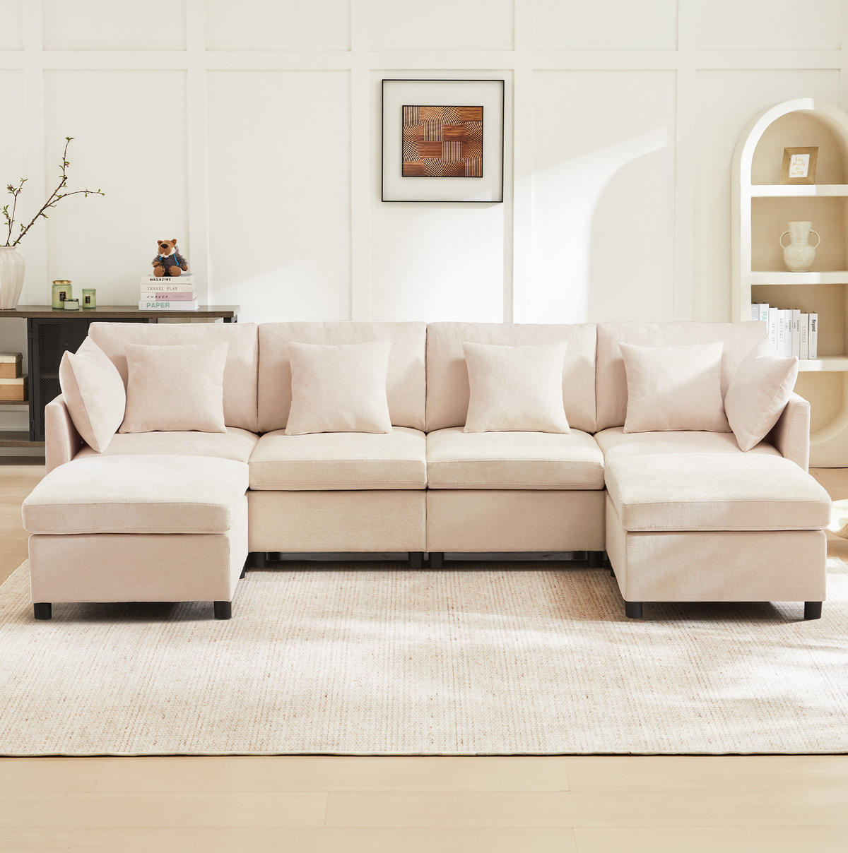 SOFA modular 278 x 161 cm Chenille Beige 3-tlg. mit 2 Hockern und 6 Kissen - Beige, Textil (161/81/278cm) - Meubliv