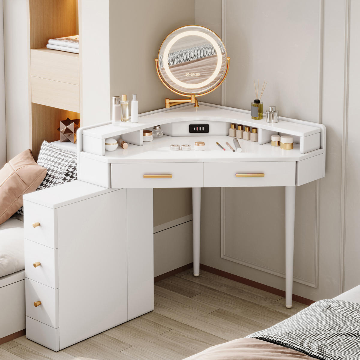 ECK-SCHMINKTISCH Weiß mit drehbarem LED-Spiegel (dimmbar), 5 Schubladen, USB & USB-C, moderner Frisiertisch, 105,5x75x120 cm - Weiß, Holz (75/120/105.5cm) - Ej. Life