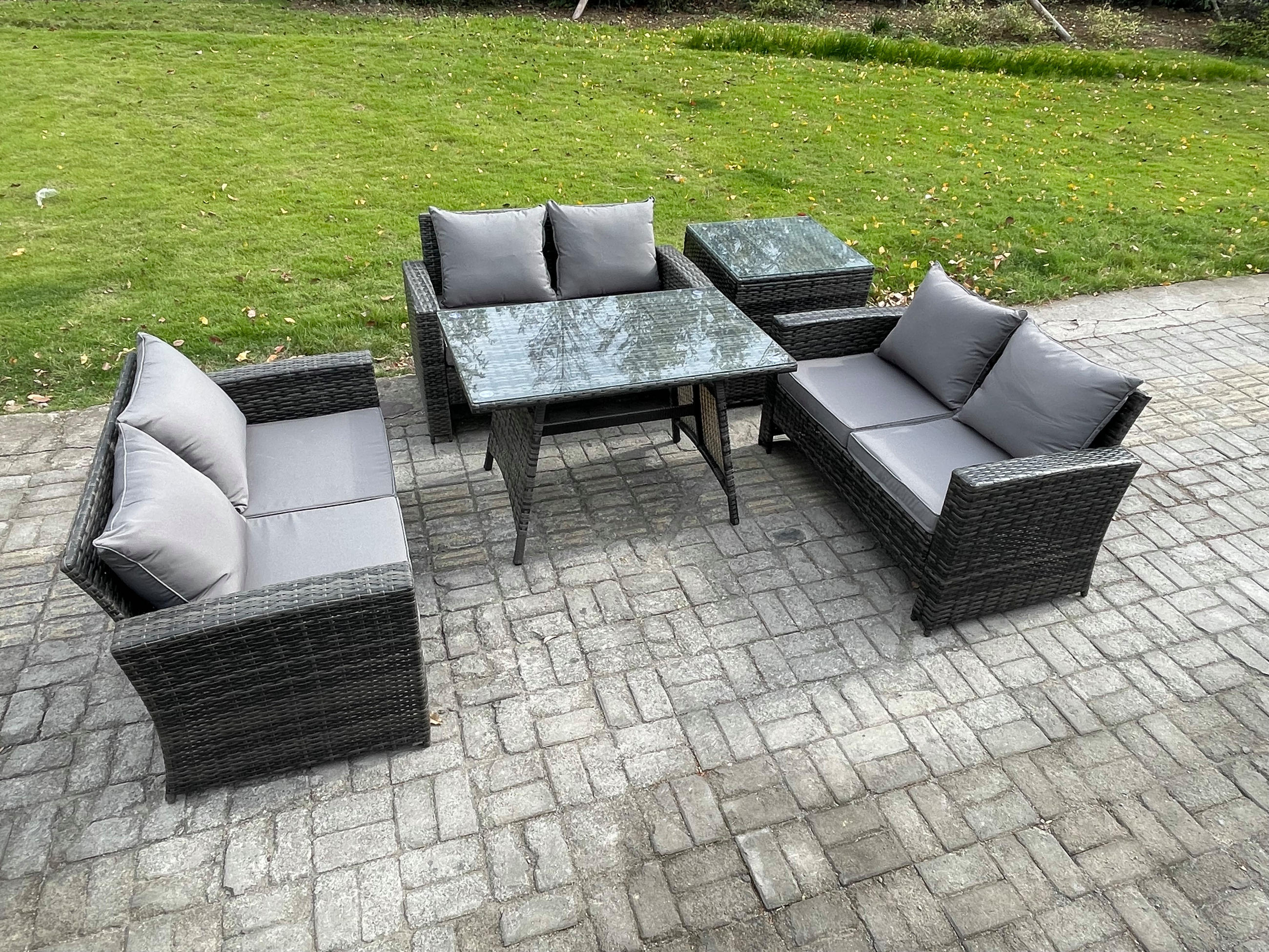 GARTENMÖBELSET mit ESSTISCH,HOCHLEHNER-SOFA Polyrattan Dunkelgrauer Mix 6-Sitzer - Dunkelgrau/Grau, Glas/Kunststoff - Fimous