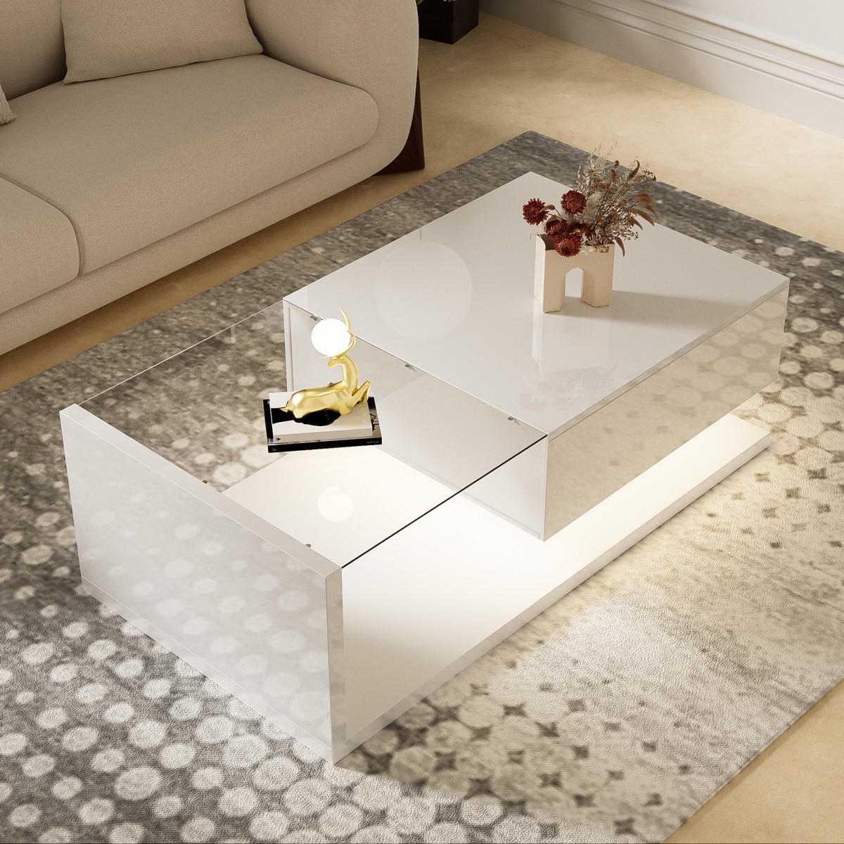 COUCHTISCH LED 105x55x32,5 cm, Glas, Schublade, Weiß - Weiß, Holz (55/105/32cm)