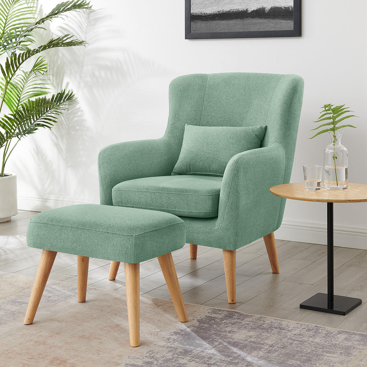 SESSEL mit Hocker - Mintgrün, Holz/Birkenholz (75/96/78cm) - home24