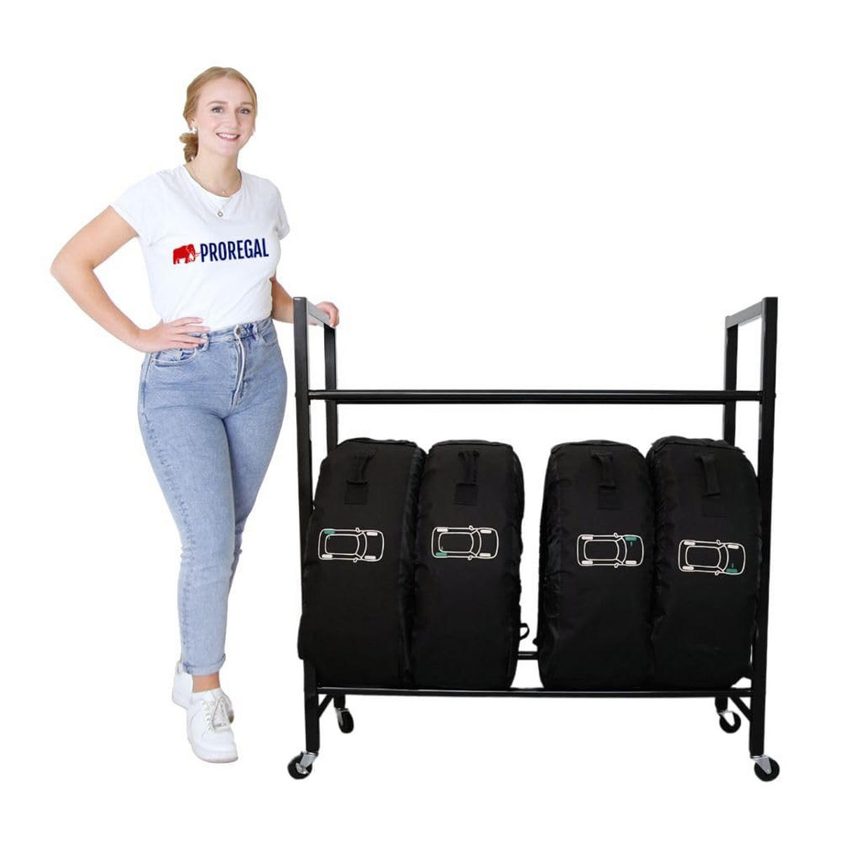 REIFENREGAL Carrero auf Rollen 115x111x40 cm bis zu 8 Reifen auf 2 Ebenen Schwarz - Schwarz, Metall (111/115/40cm) - PROREGAL