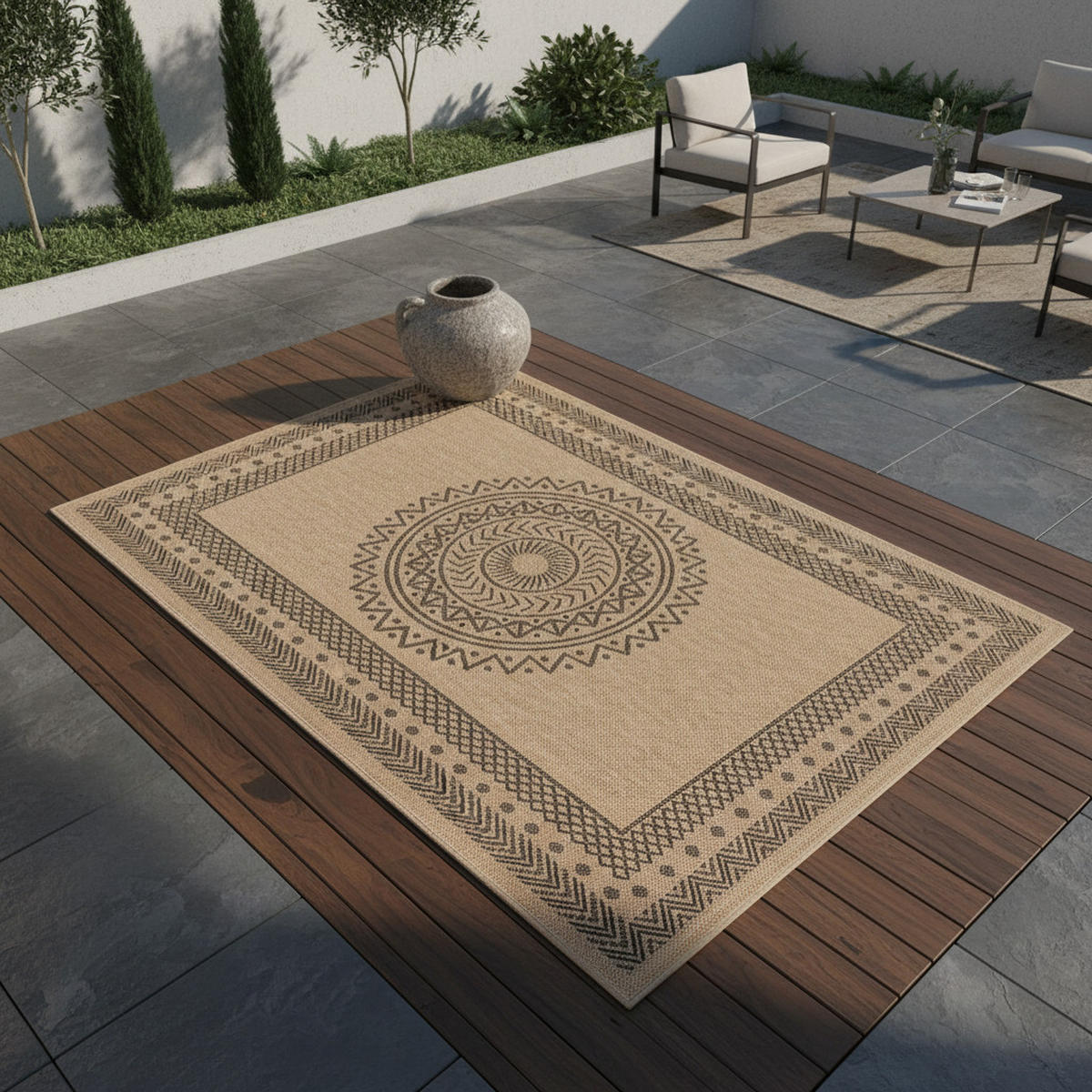 TEPPICH Outdoor Flachgewebe Vintage Polypropylen Terrasse Schwarz Rechteckig 140x200 - Beige, Textil (140/200cm) - KADIMA DESIGN